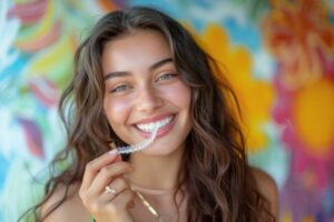 Smiling young woman holding Invisalign aligners